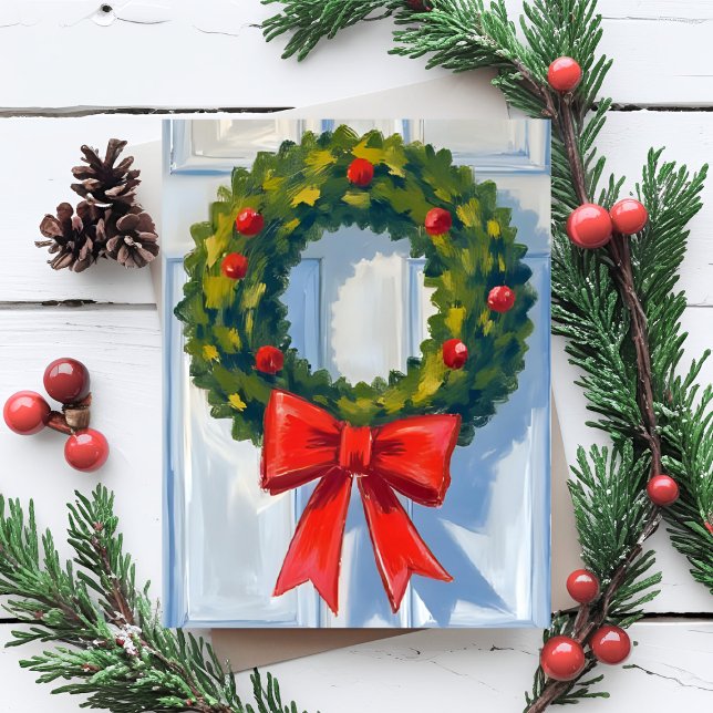 Christmas Wreath Red Bow White Watercolor Holiday Card (Creator Uploaded)