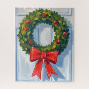 Christmas Wreath Red Bow White Watercolor Jigsaw Puzzle