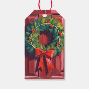Christmas Wreath Red Door Watercolor Gift Tags
