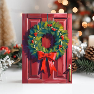 Christmas Wreath Red Door Watercolor Holiday Card