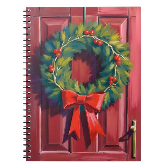 Christmas Wreath Red Door Watercolor Holiday Notebook (Front)