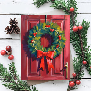 Christmas Wreath Red Door Watercolor Holiday Postcard