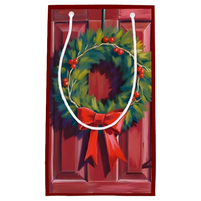 Christmas Wreath Red Door Watercolor Small Gift Bag (Front)