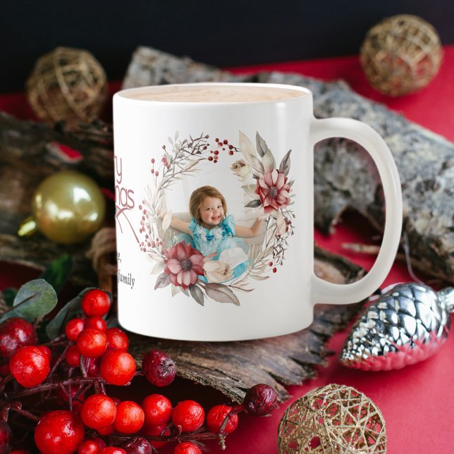 Christmas wreath, red flower and berries photo coffee mug (Creator Uploaded)