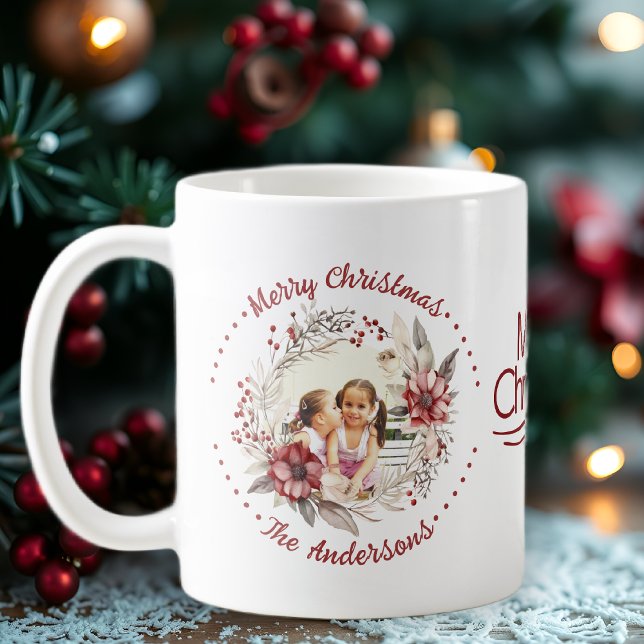 Christmas wreath, red flowers and berries photo coffee mug (Creator Uploaded)