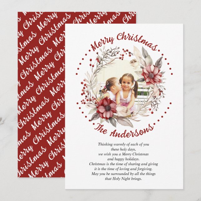 Christmas wreath red flowers and berries photo holiday card (Front/Back)