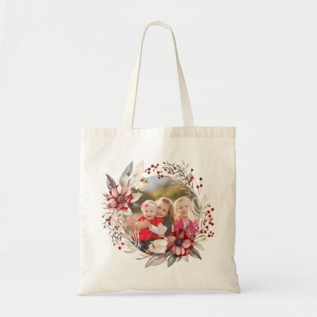 Christmas wreath, red flowers and berries photo tote bag (Front)