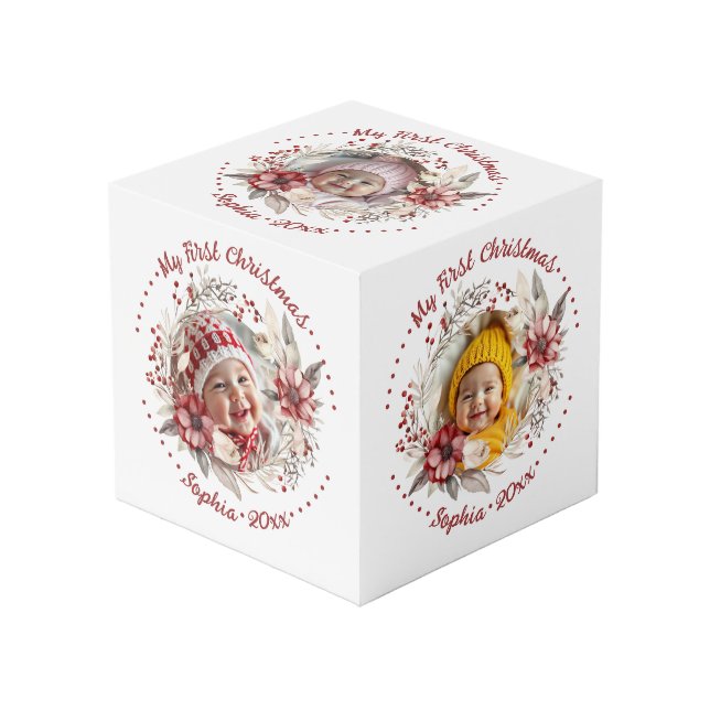 Christmas wreath, red flowers, berries photo cube (Front Angled)