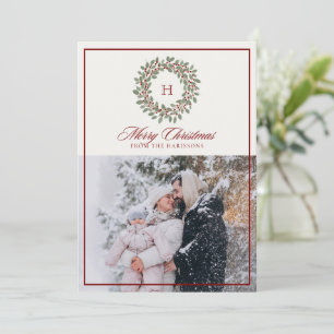 Christmas Wreath, Red frame, Monogram Photo  Holiday Card