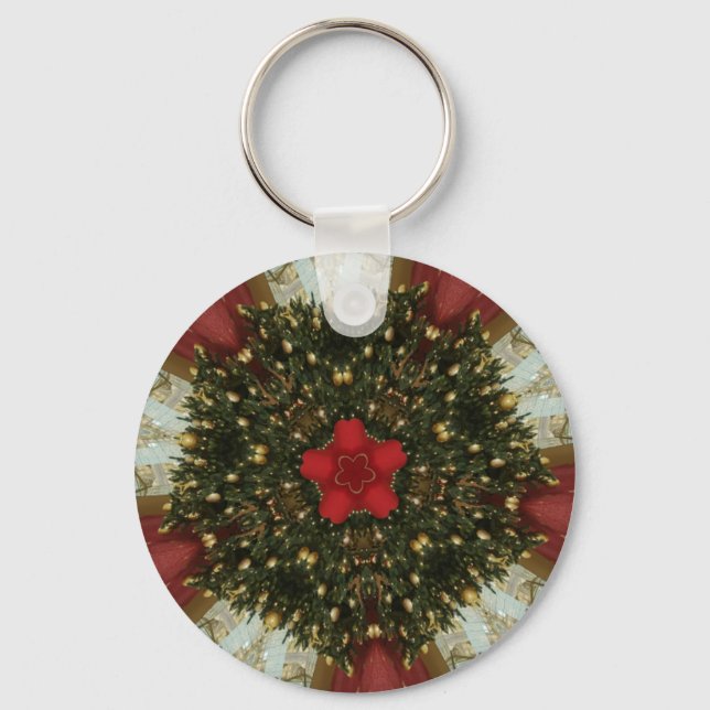 Christmas Wreath Red Green Gold with Red Star Key Ring (Front)