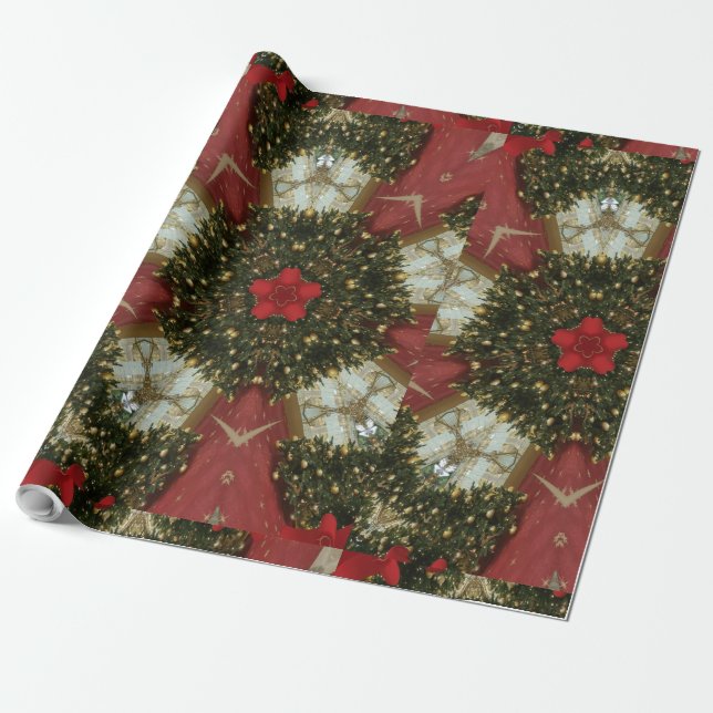 Christmas Wreath Red Green Gold with Red Star Wrapping Paper (Unrolled)