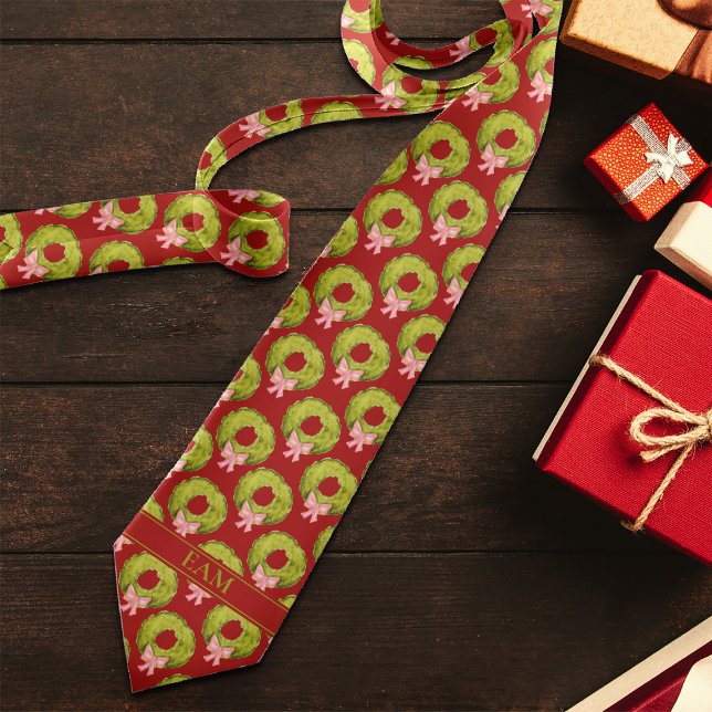 Christmas Wreath Red Green Novelty Add Initials Tie (Creator Uploaded)