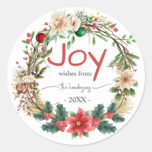 Christmas Wreath Red Joy Rustic Typography Name Classic Round Sticker