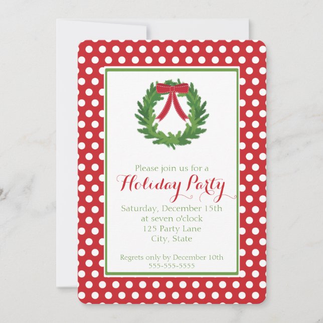 Christmas Wreath, Red Polka Dot Holiday Invitation (Front)