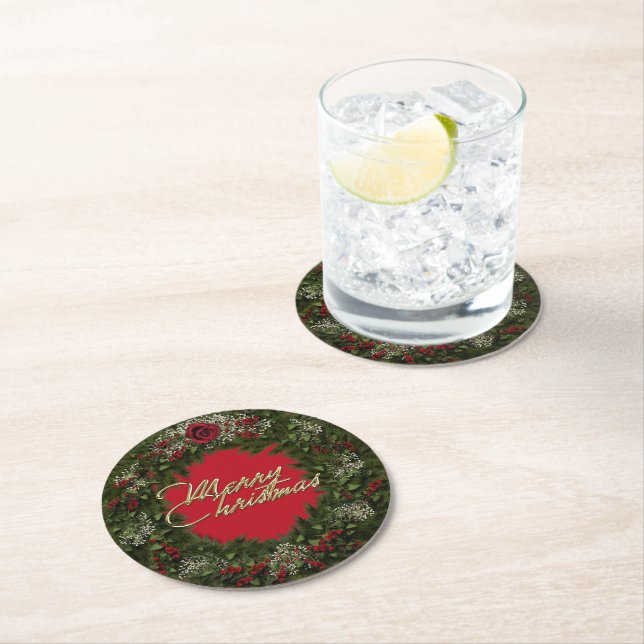 Christmas Wreath Round Paper Coaster (Insitu)
