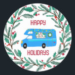 Christmas Wreath RV CUSTOM Hand Drawn Holiday Classic Round Sticker<br><div class="desc">Use these sweet whimsical stickers for your holiday mail or gifts. Hand drawn by me for you. Fully editable, add your own text or background colour. Click "personalise" to edit the text, and you can also change the font or colour. THANK YOU FOR SUPPORTING INDEPENDENT ARTISTS! All artwork and designs...</div>