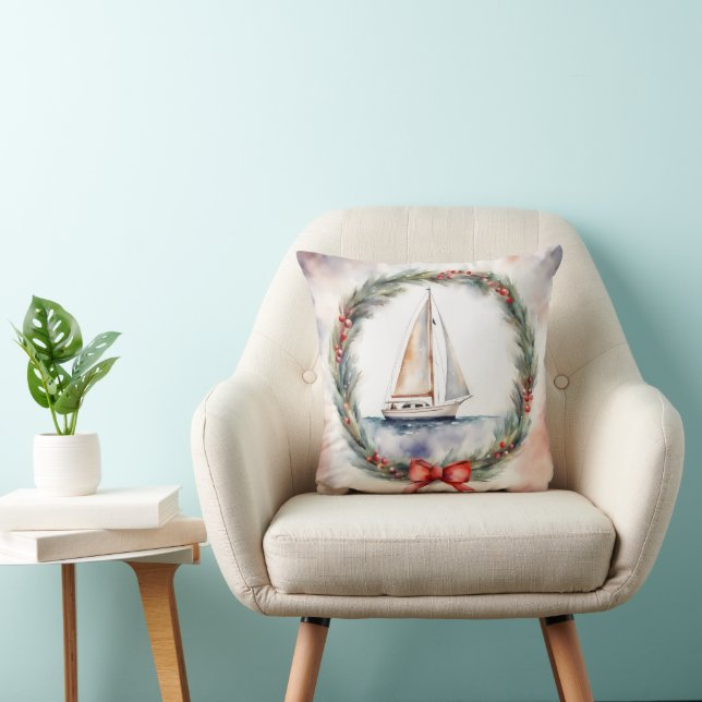 Christmas Wreath Sailboat Watercolor Cushion (Chair)