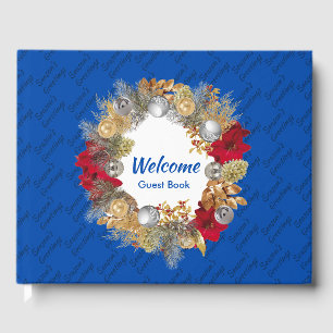 Christmas Wreath SEASON'S GREETINGS Cobalt Blue Guest Book
