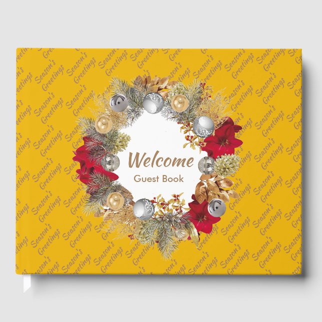 Christmas Wreath SEASON'S GREETINGS Golden Yellow Guest Book (Front)