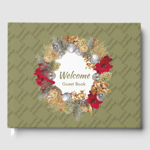 Christmas Wreath SEASON'S GREETINGS Olive Green Guest Book