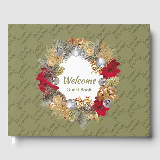 Christmas Wreath SEASON'S GREETINGS Olive Green Guest Book (Front)