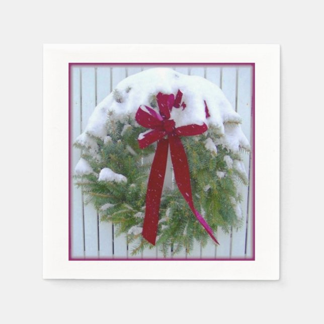 Christmas Wreath Snow Covered Holiday Red Bow Napkin (Front)