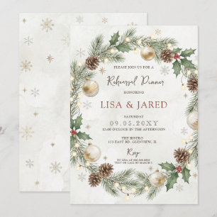 Christmas Wreath Snowflakes Rehearsal Dinner Invitation