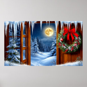 Christmas Wreath 🎄 Snowy Moonlit Forest ✨ Cozy Poster