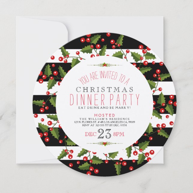 Christmas Wreath & Stripes Diner Invite (Front)
