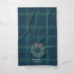 Christmas Wreath Tartan Plaid Family Name Tea Towel