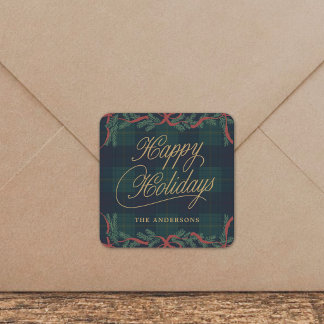 Christmas Wreath Tartan Plaid Holiday Gift Square Sticker