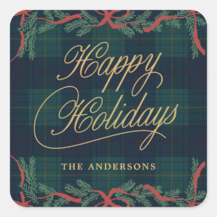 Christmas Wreath Tartan Plaid Holiday Gift Square Sticker