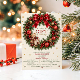 Christmas Wreath Teddy Bear Baby Shower Invitation