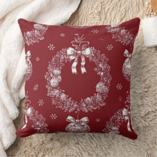Christmas Wreath Toile on Deep Red Cushion