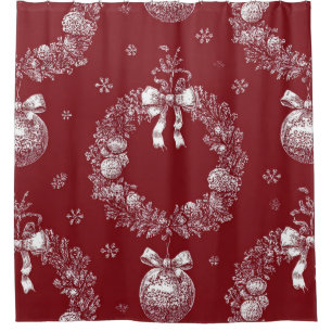 Christmas Wreath Toile on Deep Red Shower Curtain