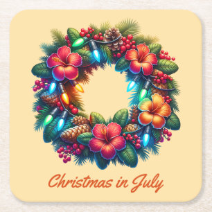 Christmas Wreath Tropical Vibe, Christmas in July Square Paper Coaster