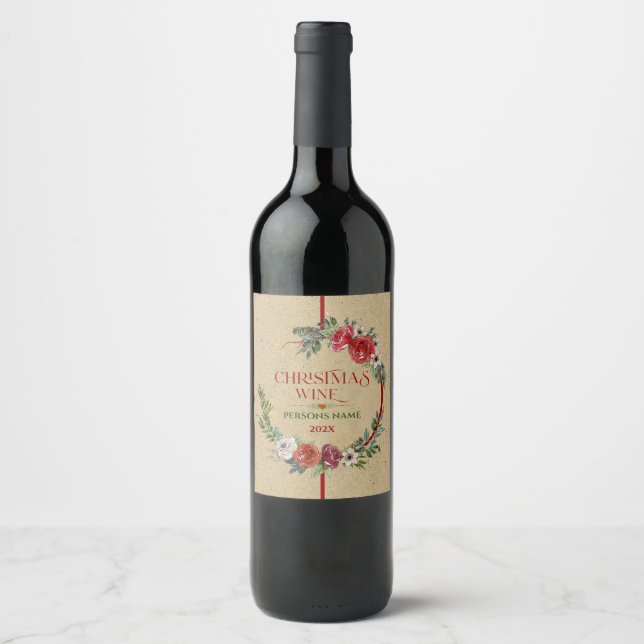 Christmas wreath, typography paper texture wine label (Front)