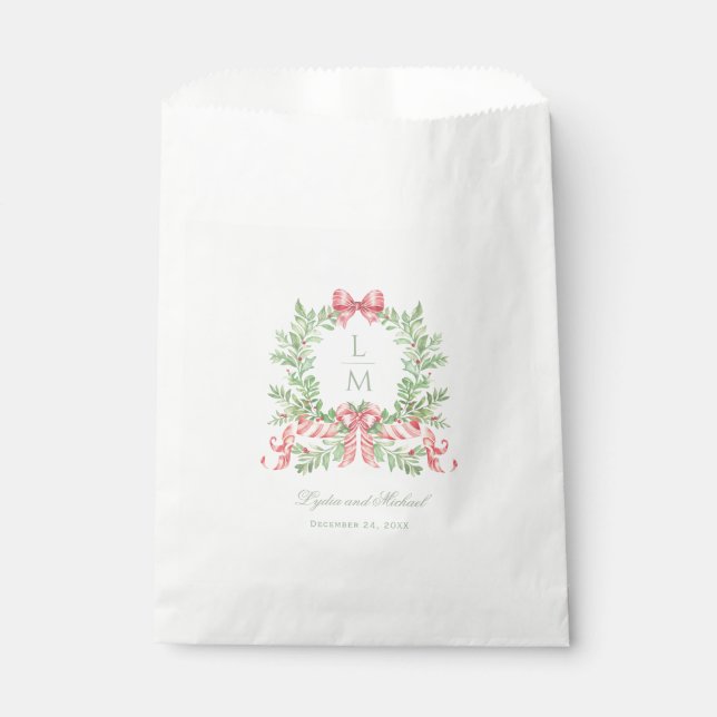 Christmas Wreath w Candy Cane Bow | Monogram  Favour Bags (Front)