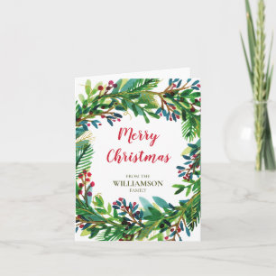 Christmas Wreath Watecolor Holiday Family Name Note Card