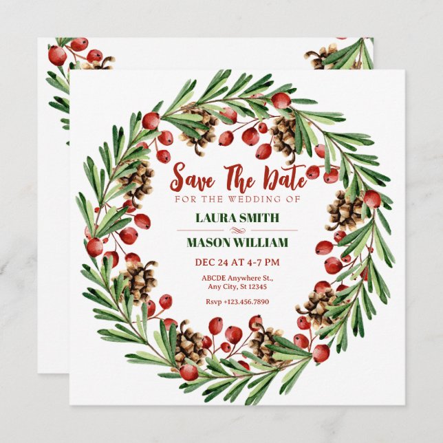 Christmas wreath wedding save the date (Front/Back)