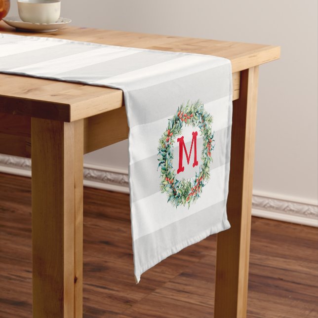 Christmas Wreath white and grey stripes Short Table Runner (In Situ)