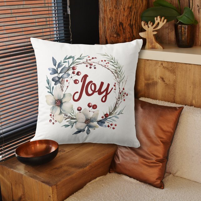 Christmas wreath, white flowers, red berries Joy Cushion (Creator Uploaded)