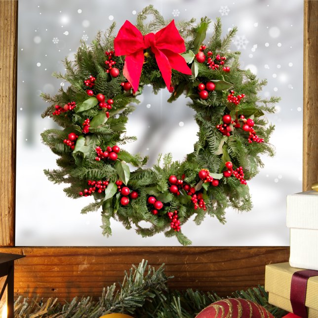 Christmas Wreath Window Sticker - Berries & Bow (Christmas Wreath Window Sticker Decoration)