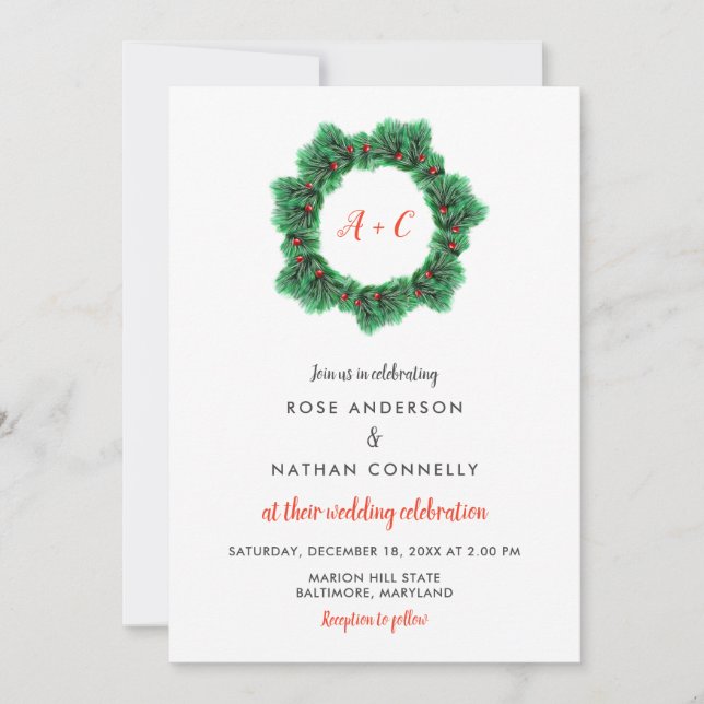 Christmas Wreath | Winter Wedding Monogram Invitation (Front)