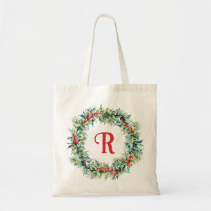 Christmas wreath with a custom monogram tote bag