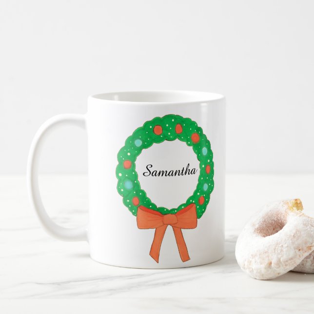 Christmas Wreath With Bow Coffee Mug (With Donut)