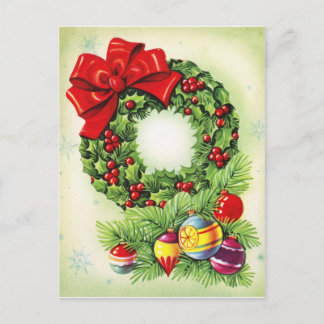 Christmas wreath with decorations, vintage postcard