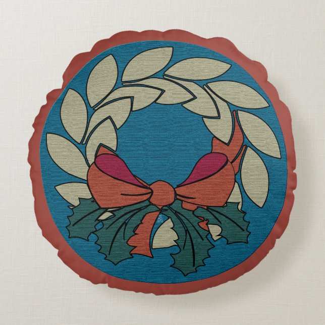 Christmas Wreath with Faux Raw Silk Texture Round Cushion (Front)