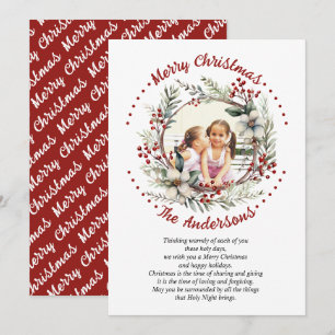 Christmas wreath with flowers and berries photo holiday card