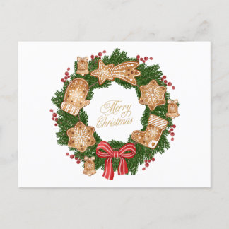 Christmas Wreath with Gingerbread Cookies, Berries Holiday Postcard